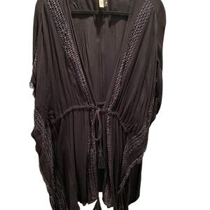 Elan Black Crochet Trim Kimono Style Beach Cover up Size 1X